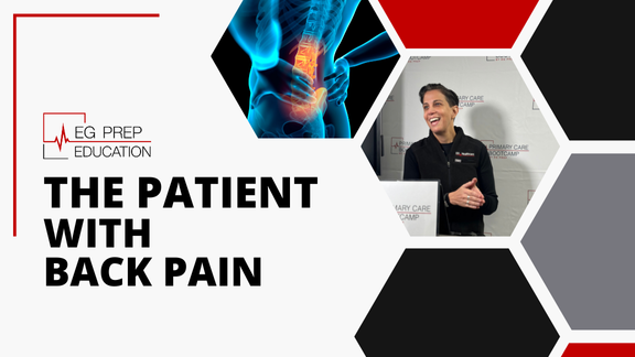 A presentation slide titled "Management of the Patient with Back Pain" features medical imaging of a spine and a photo of a person speaking at a podium.