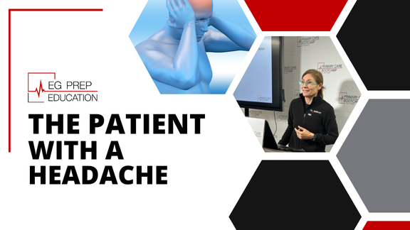 A presentation slide titled "The Patient with a Headache" features a graphic of a person holding their head in pain, while an instructor stands next to the screen, discussing an effective approach.