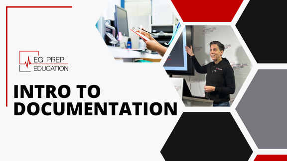 Title slide for EG Prep Education's "Intro to Documentation" with images of a person presenting at a podium and another holding documents, showcasing the strategic approach to mastering essential skills.