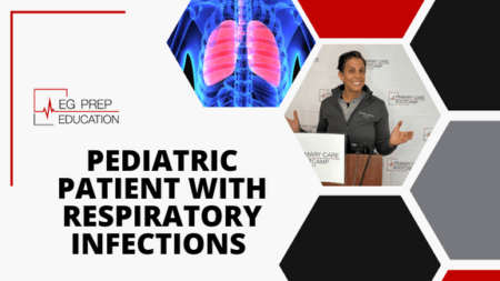 A person stands at a podium speaking; alongside is an image of lungs. Text reads: "Pediatric Patient with Respiratory Infections: A Primary Care Approach.