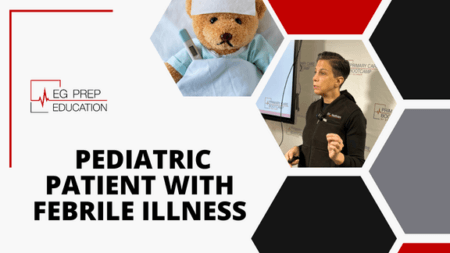 A presentation slide titled "Pediatric Patient Approach with Febrile Illness" features a person speaking and an image of a teddy bear with a thermometer, highlighting the importance of primary care in managing young patients.
