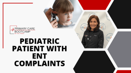 A child undergoes an ear examination. The image features a medical professional demonstrating a patient approach. Text: Pediatric Patient with ENT Complaints. Background showcases hexagonal designs.