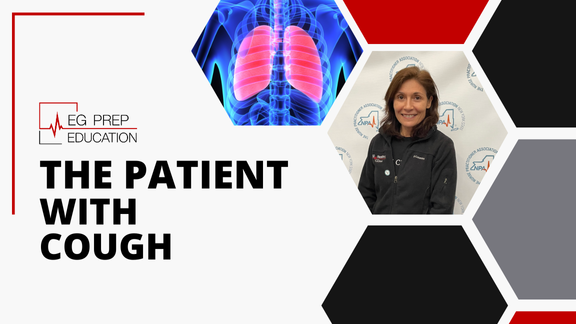 Presentation slide featuring the title "The Patient with Cough," a medical logo for EG Prep Education, an image of illuminated lungs, and a person in medical attire smiling. This detailed approach to cough highlights effective coughing treatments.