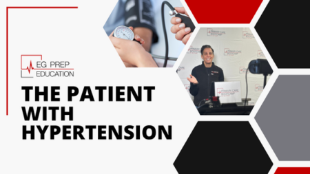A graphic with text "The Patient with Hypertension" features a patient checking their blood pressure, a speaker gesturing, and the logo "EG Prep Education.