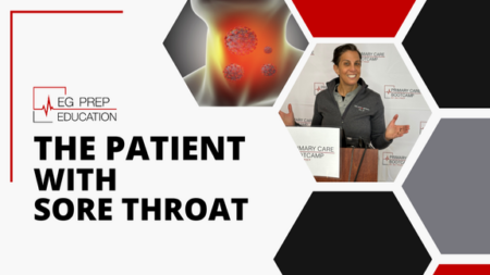 A speaker gives a presentation on sore throat treatment at a medical event. Text on the left reads "The Patient with Sore Throat" under the "EG Prep Education" logo.