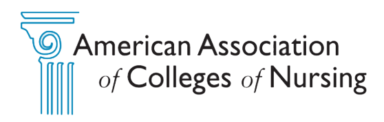 Logo of the American Association of Colleges of Nursing, featuring a column graphic on the left, symbolizing strength and integrity in nursing programs.