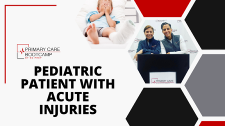 Text reading "Pediatric Patient With Acute Injuries" on a hexagonal graphic background, featuring an image of a child covering their face, alongside two people sitting at a desk engaged in discussion.